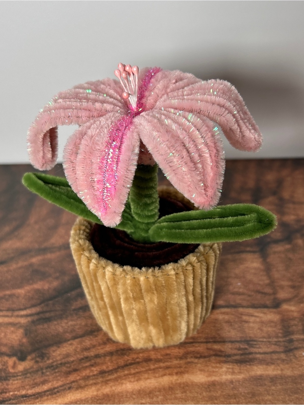 Light Pink Glitter Pipe Cleaner Flower Pot, Floral Decor, Handmade Gift-UNSHADED